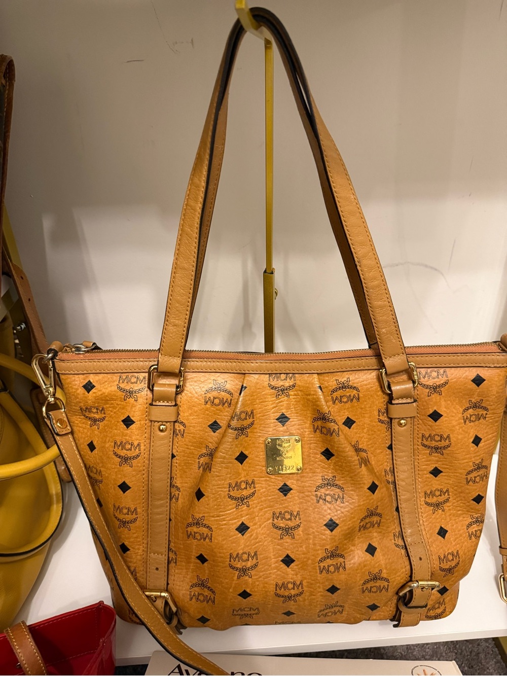 MCM Cognac Logo Visetos Shoulder Bag with Gold Hardware